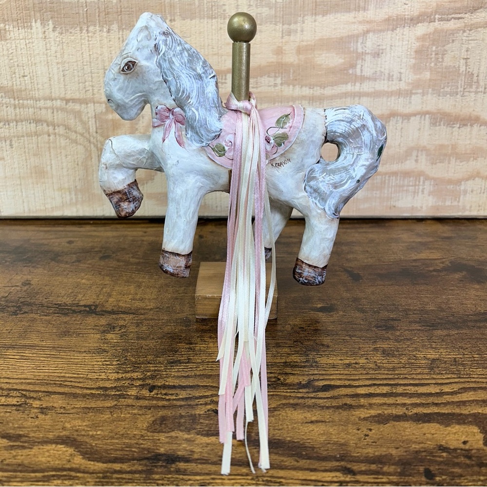 Vintage Paper mache carousel horse with ribbons  signed white pink saddle